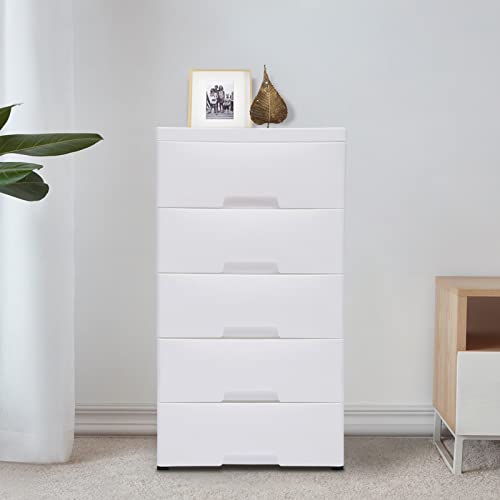 WOQLIBE Plastic Dressers,Storage Dresser with 5 Drawers,File Vertical Cabinet with Wheel Casters for Playroom Bedroom Hallway Entryway Furniture,17.72''D x 11.81''W x 33.07''H(White)