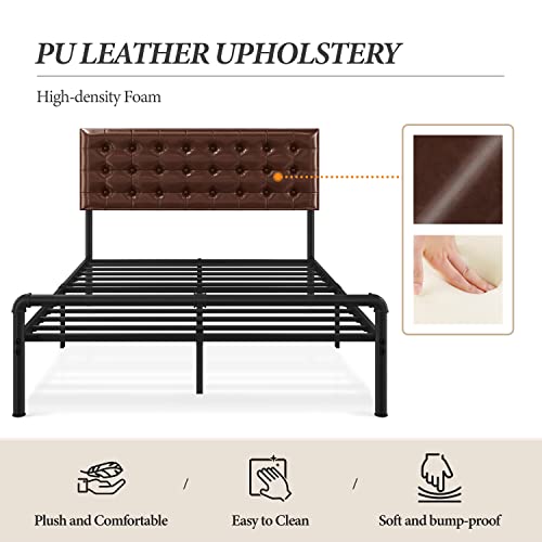 Yaheetech Queen Size Bed Frame, Metal Platform Bed with Faux Leather Height-Adjustable Headboard/12 Inch Underbed Storage/Noise Free/No Box Spring Needed/Industrial Pipe Foot End, Elegant Brown