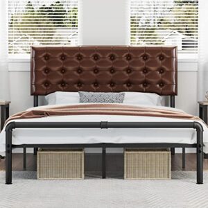 yaheetech queen size bed frame, metal platform bed with faux leather height-adjustable headboard/12 inch underbed storage/noise free/no box spring needed/industrial pipe foot end, elegant brown
