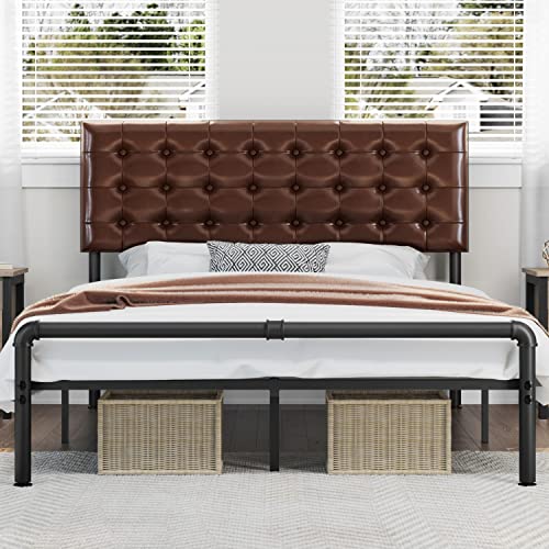 Yaheetech Queen Size Bed Frame, Metal Platform Bed with Faux Leather Height-Adjustable Headboard/12 Inch Underbed Storage/Noise Free/No Box Spring Needed/Industrial Pipe Foot End, Elegant Brown