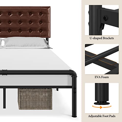 Yaheetech Queen Size Bed Frame, Metal Platform Bed with Faux Leather Height-Adjustable Headboard/12 Inch Underbed Storage/Noise Free/No Box Spring Needed/Industrial Pipe Foot End, Elegant Brown