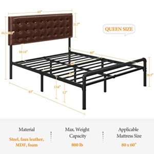 Yaheetech Queen Size Bed Frame, Metal Platform Bed with Faux Leather Height-Adjustable Headboard/12 Inch Underbed Storage/Noise Free/No Box Spring Needed/Industrial Pipe Foot End, Elegant Brown