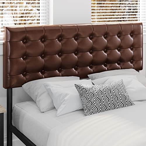 Yaheetech Queen Size Bed Frame, Metal Platform Bed with Faux Leather Height-Adjustable Headboard/12 Inch Underbed Storage/Noise Free/No Box Spring Needed/Industrial Pipe Foot End, Elegant Brown