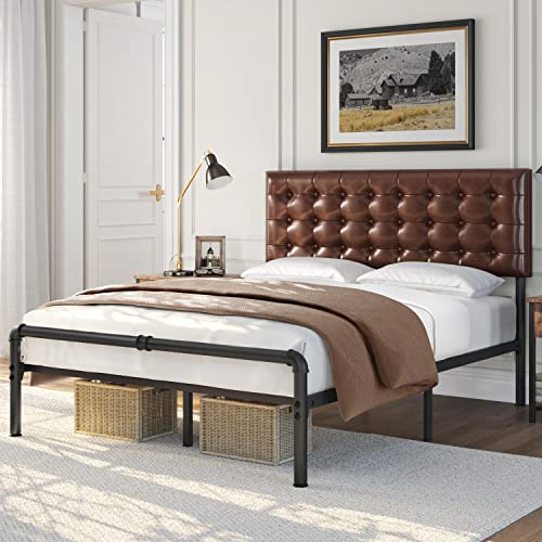 Yaheetech Queen Size Bed Frame, Metal Platform Bed with Faux Leather Height-Adjustable Headboard/12 Inch Underbed Storage/Noise Free/No Box Spring Needed/Industrial Pipe Foot End, Elegant Brown