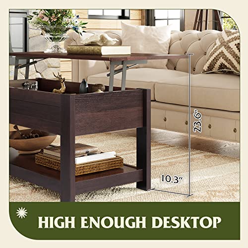 WLIVE Modern Lift Top Coffee Table,Rustic Coffee Table with Storage Shelf and Hidden Compartment,Wood Lift Tabletop for Home Living Room,Brown Oak.