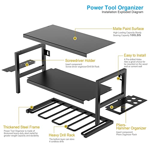 Chemailon Power Tool Organizer, 3 Layers Heavy Duty Metal Wall Mount Cordless Drill Holder Garage Storage Rack for Warehouse Workshop Pegboard Father's Day Christmas Gift for Men 2 Pack