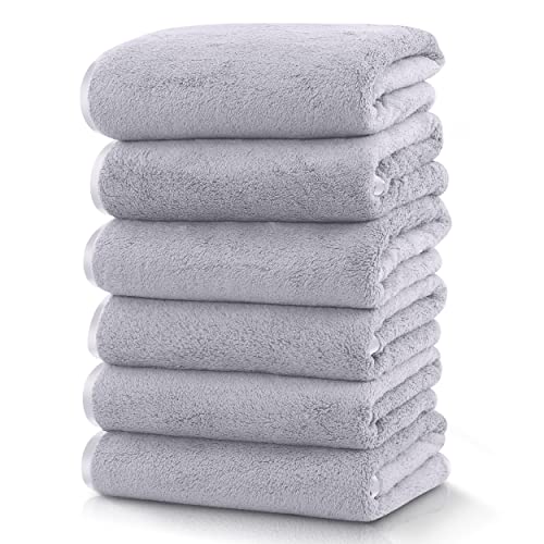 TENSTARS Silk Hemming Hand Towels for Bathroom Clearance - Quick Drying - Ultra Soft Microfiber Absorbent Towel for Bath Fitness, Gym, Shower, Hotel, and Spa - 16x28 Inch | Set of 6, Light Grey