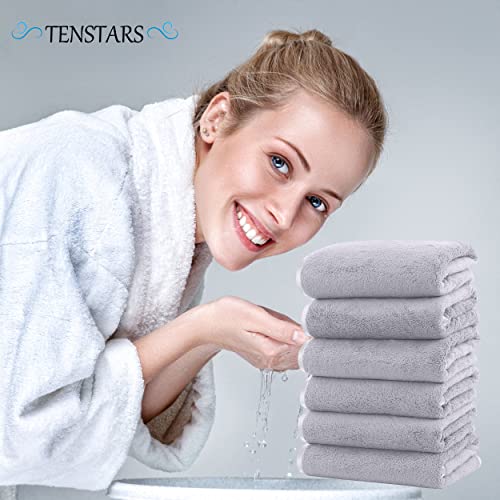 TENSTARS Silk Hemming Hand Towels for Bathroom Clearance - Quick Drying - Ultra Soft Microfiber Absorbent Towel for Bath Fitness, Gym, Shower, Hotel, and Spa - 16x28 Inch | Set of 6, Light Grey