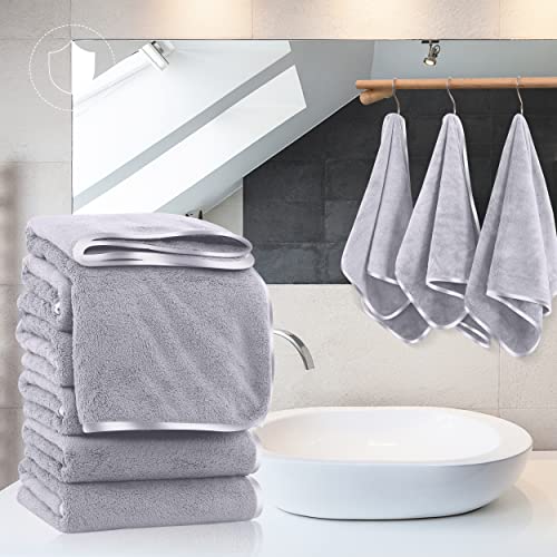 TENSTARS Silk Hemming Hand Towels for Bathroom Clearance - Quick Drying - Ultra Soft Microfiber Absorbent Towel for Bath Fitness, Gym, Shower, Hotel, and Spa - 16x28 Inch | Set of 6, Light Grey