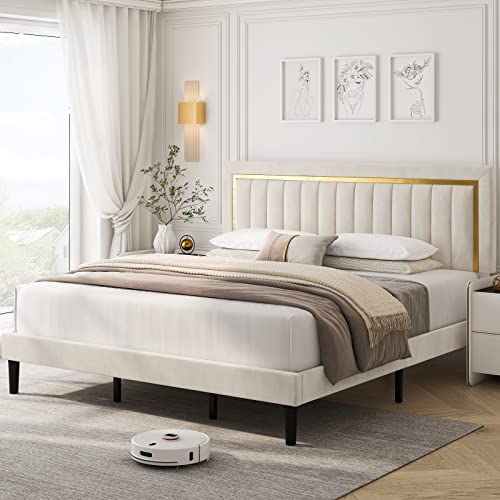 HITHOS King Size Bed Frame with Adjustable Tufted Headboard, Velvet Upholstered Platform Bed Frame with Gold Trim, Heavy Duty Mattress Foundation with Steel Frame, Easy-Assembly Slats (Beige, King)