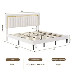 HITHOS King Size Bed Frame with Adjustable Tufted Headboard, Velvet Upholstered Platform Bed Frame with Gold Trim, Heavy Duty Mattress Foundation with Steel Frame, Easy-Assembly Slats (Beige, King)