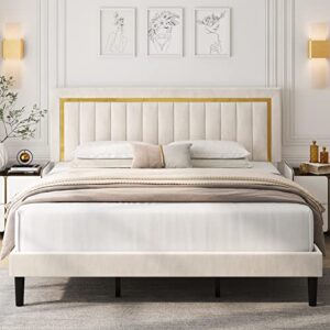 HITHOS King Size Bed Frame with Adjustable Tufted Headboard, Velvet Upholstered Platform Bed Frame with Gold Trim, Heavy Duty Mattress Foundation with Steel Frame, Easy-Assembly Slats (Beige, King)