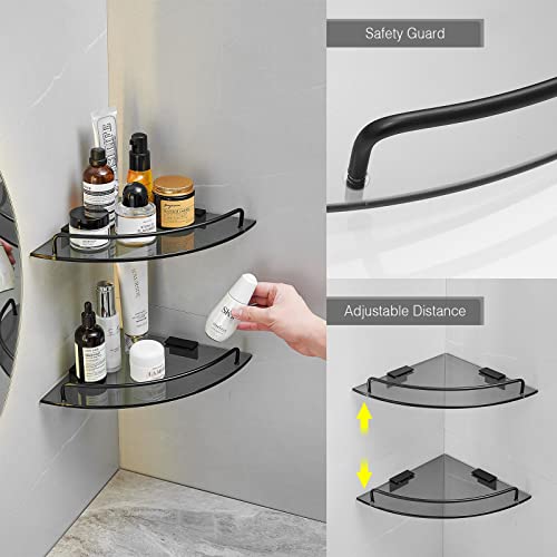 Sofinny Glass Corner Shelf for Bathroom Corner Shower Shelf Black Tempered Glass Shelf with Rail Bathroom Corner Organizer Bathroom Shelves Wall Mounted-2 Pack