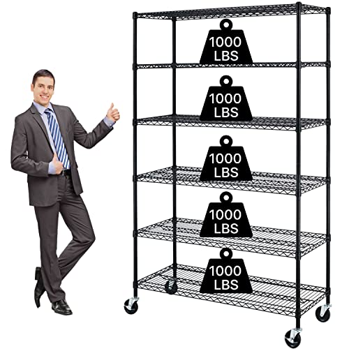 6000Lbs Capacity Heavy Duty Shelving, 6 Tier Wire Shelving Unit on Wheels, NSF Certified Adjustable Storage Shelves Rack for Garage Pantry Basement (18"x 48"x 76", Black) (Black)