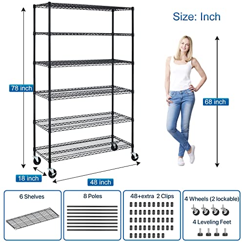 6000Lbs Capacity Heavy Duty Shelving, 6 Tier Wire Shelving Unit on Wheels, NSF Certified Adjustable Storage Shelves Rack for Garage Pantry Basement (18"x 48"x 76", Black) (Black)