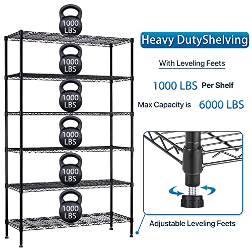 6000Lbs Capacity Heavy Duty Shelving, 6 Tier Wire Shelving Unit on Wheels, NSF Certified Adjustable Storage Shelves Rack for Garage Pantry Basement (18"x 48"x 76", Black) (Black)