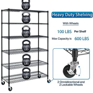 6000Lbs Capacity Heavy Duty Shelving, 6 Tier Wire Shelving Unit on Wheels, NSF Certified Adjustable Storage Shelves Rack for Garage Pantry Basement (18"x 48"x 76", Black) (Black)