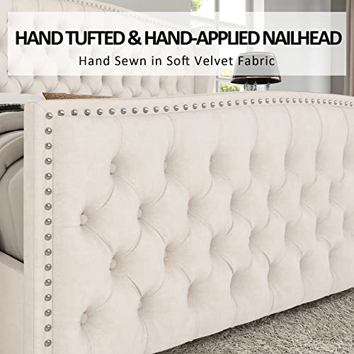 AMERLIFE King Size Platform Bed Frame, Velvet Upholstered Bed with Deep Button Tufted & Nailhead Trim Wingback Headboard/No Box Spring Required/Cream