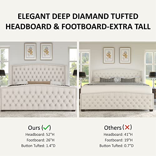 AMERLIFE King Size Platform Bed Frame, Velvet Upholstered Bed with Deep Button Tufted & Nailhead Trim Wingback Headboard/No Box Spring Required/Cream