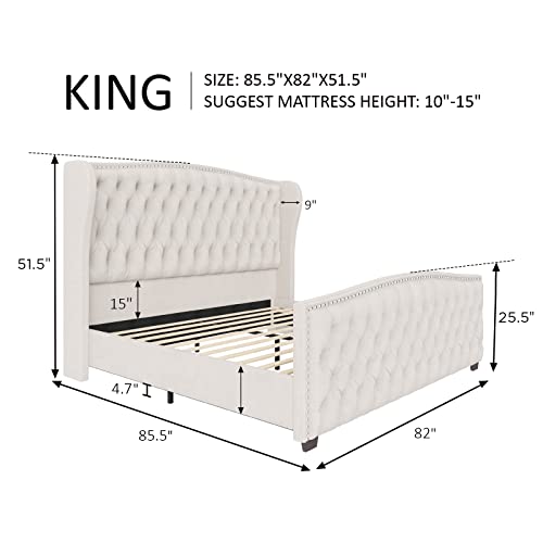 AMERLIFE King Size Platform Bed Frame, Velvet Upholstered Bed with Deep Button Tufted & Nailhead Trim Wingback Headboard/No Box Spring Required/Cream