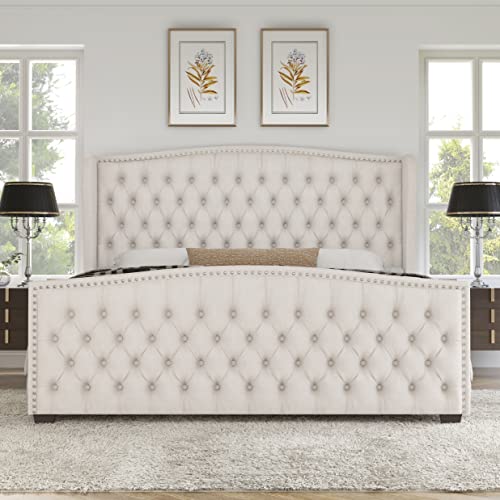 AMERLIFE King Size Platform Bed Frame, Velvet Upholstered Bed with Deep Button Tufted & Nailhead Trim Wingback Headboard/No Box Spring Required/Cream