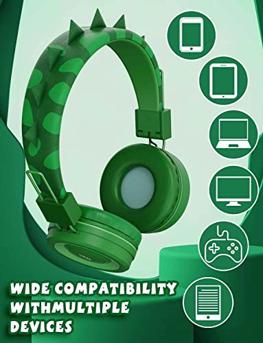 SIMJAR Dinosaur Kids Headphones with Microphone for School, Volume Limiter 85/94dB, Over-Ear Girls Boys Headphones for Kids with Foldable Wired Headphones for iPad/Travel/Tablet