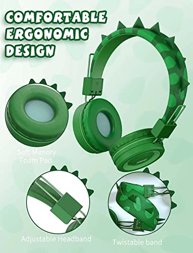 SIMJAR Dinosaur Kids Headphones with Microphone for School, Volume Limiter 85/94dB, Over-Ear Girls Boys Headphones for Kids with Foldable Wired Headphones for iPad/Travel/Tablet