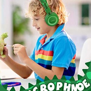 SIMJAR Dinosaur Kids Headphones with Microphone for School, Volume Limiter 85/94dB, Over-Ear Girls Boys Headphones for Kids with Foldable Wired Headphones for iPad/Travel/Tablet