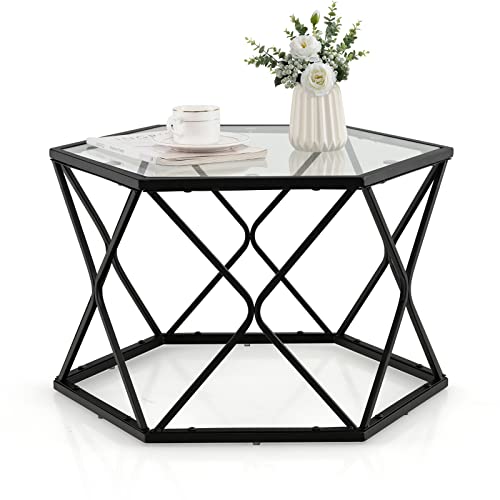 Giantex Hexagonal Glass Coffee Table, End Table w/Tempered Glass Top & Sturdy Metal Legs, Modern Center Table, Geometric Small Glass Table for Living Room, Reception Room, Black