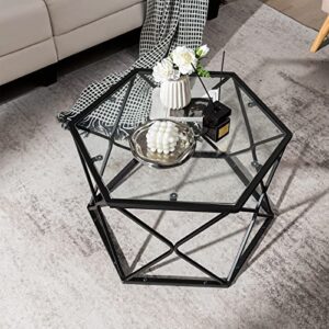 Giantex Hexagonal Glass Coffee Table, End Table w/Tempered Glass Top & Sturdy Metal Legs, Modern Center Table, Geometric Small Glass Table for Living Room, Reception Room, Black