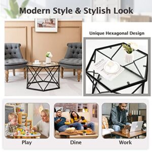 Giantex Hexagonal Glass Coffee Table, End Table w/Tempered Glass Top & Sturdy Metal Legs, Modern Center Table, Geometric Small Glass Table for Living Room, Reception Room, Black