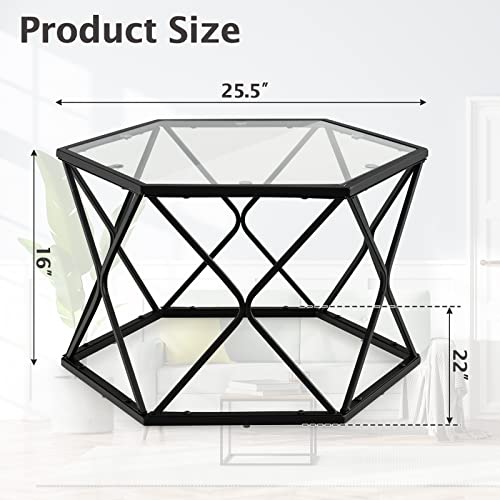 Giantex Hexagonal Glass Coffee Table, End Table w/Tempered Glass Top & Sturdy Metal Legs, Modern Center Table, Geometric Small Glass Table for Living Room, Reception Room, Black