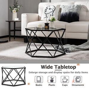 Giantex Hexagonal Glass Coffee Table, End Table w/Tempered Glass Top & Sturdy Metal Legs, Modern Center Table, Geometric Small Glass Table for Living Room, Reception Room, Black