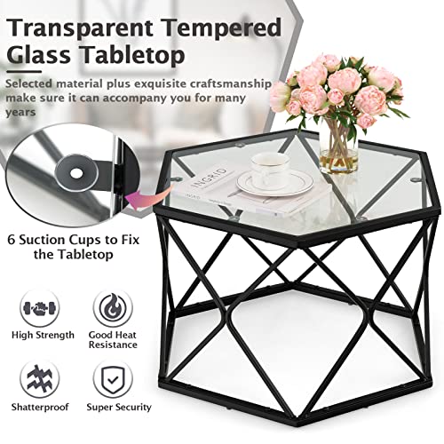 Giantex Hexagonal Glass Coffee Table, End Table w/Tempered Glass Top & Sturdy Metal Legs, Modern Center Table, Geometric Small Glass Table for Living Room, Reception Room, Black