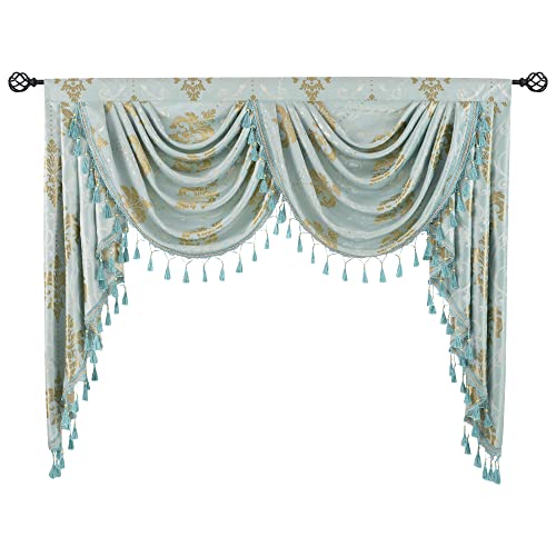 JADE POKE European Floral Valance for Windows Waterfall Valances for Living Room Aqua Tassels Valance for Bay Window - Damask Valance with Beads Swag Valance for Party Rod Pocket (1 Panel, W59 Inch)