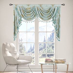 JADE POKE European Floral Valance for Windows Waterfall Valances for Living Room Aqua Tassels Valance for Bay Window - Damask Valance with Beads Swag Valance for Party Rod Pocket (1 Panel, W59 Inch)