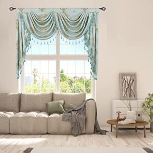 JADE POKE European Floral Valance for Windows Waterfall Valances for Living Room Aqua Tassels Valance for Bay Window - Damask Valance with Beads Swag Valance for Party Rod Pocket (1 Panel, W59 Inch)