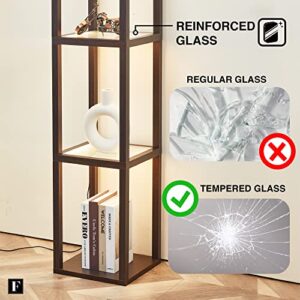 FENLO Fantasy 66" Luxury Glass Display Shelf with Dimmable LED Floor Lamps, Sturdy Glass Shelves for Bedroom, Curio Cabinet with Glass Bookshelf Display Case, Floor Lamp with Shelves - Brown