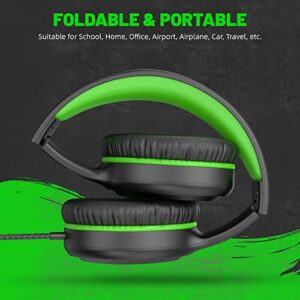 UKELALA Green Wired Headphones for Boys Portable On Ear Youth Headphones for School Airplane Travel Lightweight Portable Compatible with Pad Computer Laptop for Adults Student Children Girls Kids