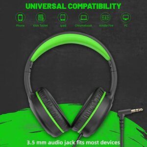 UKELALA Green Wired Headphones for Boys Portable On Ear Youth Headphones for School Airplane Travel Lightweight Portable Compatible with Pad Computer Laptop for Adults Student Children Girls Kids