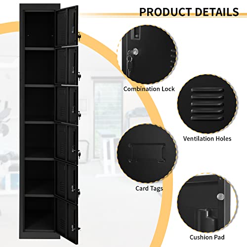 Pataku Metal Lockers for Employees-71 Storage Locker Cabinet Steel Employee Lockers with 6 Doors Lockers for Kids Bedroom, School, Home, Office, Gym, Garage, 6-Tier Locker, Black