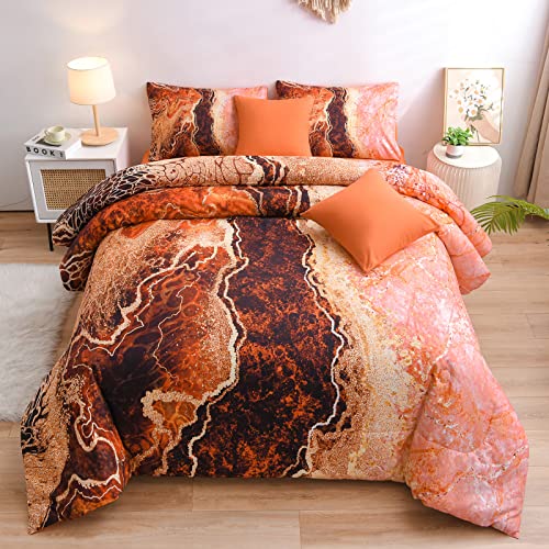 A Nice Night Marble Like Burning Mountain Printed Bedding Set,Retro Style Watercolor Artwork Design,Ultra Soft Comforter Set,7pcs Bed in a Bag,Queen,Orange