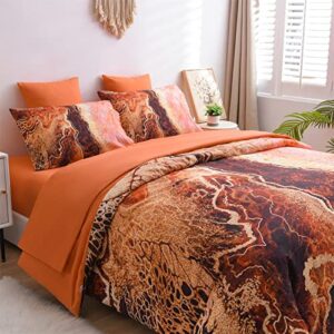 A Nice Night Marble Like Burning Mountain Printed Bedding Set,Retro Style Watercolor Artwork Design,Ultra Soft Comforter Set,7pcs Bed in a Bag,Queen,Orange