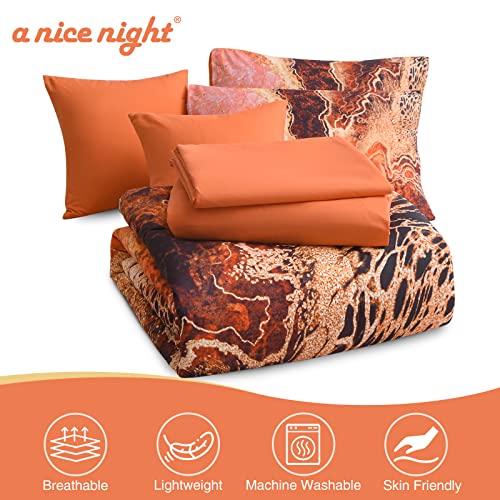 A Nice Night Marble Like Burning Mountain Printed Bedding Set,Retro Style Watercolor Artwork Design,Ultra Soft Comforter Set,7pcs Bed in a Bag,Queen,Orange