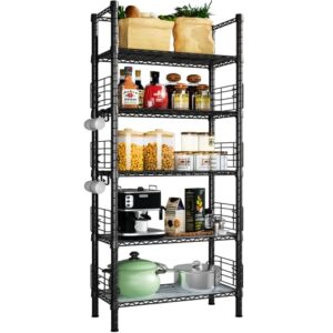 futassi 5 tiers standing shelf units, free-standing metal narrow bookshelf and bookcase, metal storage shelves for garage, kitchen, bathroom, balcony and living room, 21.2”w x 9.4”d x 59.2”h, black