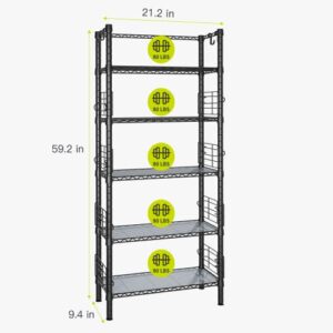 FUTASSI 5 Tiers Standing Shelf Units, Free-Standing Metal Narrow Bookshelf and Bookcase, Metal Storage Shelves for Garage, Kitchen, Bathroom, Balcony and Living Room, 21.2”W x 9.4”D x 59.2”H, Black