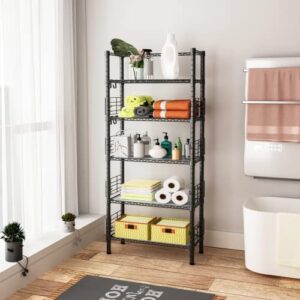 FUTASSI 5 Tiers Standing Shelf Units, Free-Standing Metal Narrow Bookshelf and Bookcase, Metal Storage Shelves for Garage, Kitchen, Bathroom, Balcony and Living Room, 21.2”W x 9.4”D x 59.2”H, Black