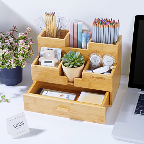 Charmlife Bamboo Desk Organizer Makeup Storage Drawer 3-Layer Tabletop Drawers 100% Natural Bamboo Desktop Drawer Organizer Drawer Desk Organizer Office Organization No Assembly Required