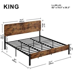 LIKIMIO King Size Bed Frame, Platform Bed Frame with Headboard and Strong Steel Slat Support, Easy Assembly, No Box Spring Needed, Vintage Brown