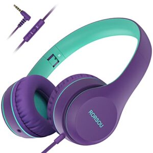 rorsou k5 kids headphones with microphone for shchool, volume limiter 85/94db, foldable stereo tangle-free 3.5mm jack wired cord on-ear headphones for children/boys/girls/kindle/tablet/mp3/4 (purple)